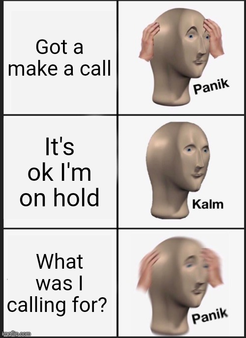 Call waiting | Got a make a call; It's ok I'm on hold; What was I calling for? | image tagged in memes,panik kalm panik | made w/ Imgflip meme maker