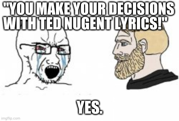 Yes Chad | "YOU MAKE YOUR DECISIONS WITH TED NUGENT LYRICS!"; YES. | image tagged in yes chad | made w/ Imgflip meme maker