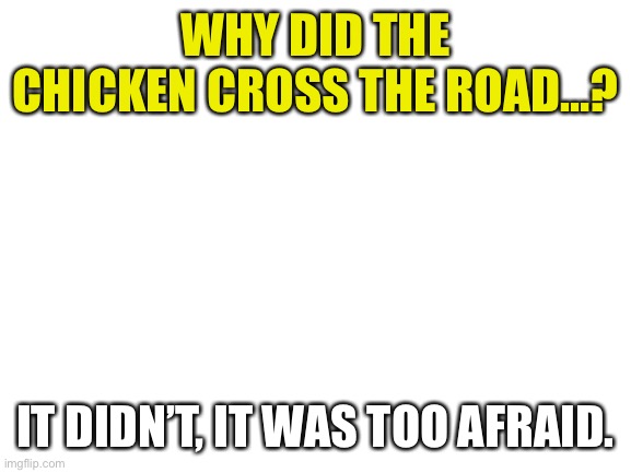 Blank White Template | WHY DID THE CHICKEN CROSS THE ROAD…? IT DIDN’T, IT WAS TOO AFRAID. | image tagged in blank white template | made w/ Imgflip meme maker