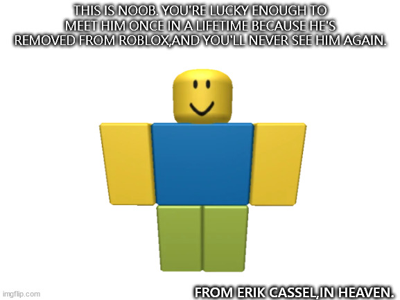 This is a ROBLOX noob. | THIS IS NOOB. YOU'RE LUCKY ENOUGH TO MEET HIM ONCE IN A LIFETIME BECAUSE HE'S REMOVED FROM ROBLOX,AND YOU'LL NEVER SEE HIM AGAIN. FROM ERIK CASSEL,IN HEAVEN. | image tagged in noob roblox,prezmemez,sad story,blank white template | made w/ Imgflip meme maker