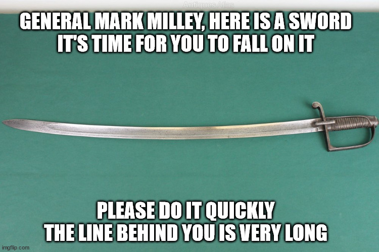 It's the only honorable way out | GENERAL MARK MILLEY, HERE IS A SWORD
IT'S TIME FOR YOU TO FALL ON IT; PLEASE DO IT QUICKLY
THE LINE BEHIND YOU IS VERY LONG | image tagged in treason | made w/ Imgflip meme maker