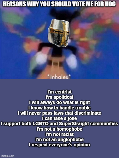 *inhales* | REASONS WHY YOU SHOULD VOTE ME FOR HOC; I'm centrist
I'm apolitical
I will always do what is right
I know how to handle trouble
I will never pass laws that discriminate
I can take a joke
I support both LGBTQ and SuperStraight communities
I'm not a homophobe
I'm not racist
I'm not an anglophobe
I respect everyone's opinion | image tagged in inhales | made w/ Imgflip meme maker