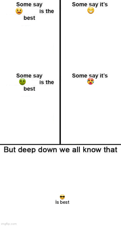 Deep down we all know that 4 panel is the best | 😁; 😀; 🥵; 🤢; 😎
İs best | image tagged in deep down we all know that 4 panel is the best | made w/ Imgflip meme maker