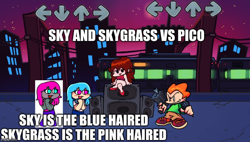 FNF WEEK 3 | SKY AND SKYGRASS VS PICO; SKY IS THE BLUE HAIRED SKYGRASS IS THE PINK HAIRED | image tagged in fnf week 3 | made w/ Imgflip meme maker