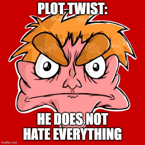 I Love Everything? | PLOT TWIST:; HE DOES NOT HATE EVERYTHING | image tagged in i hate everything | made w/ Imgflip meme maker