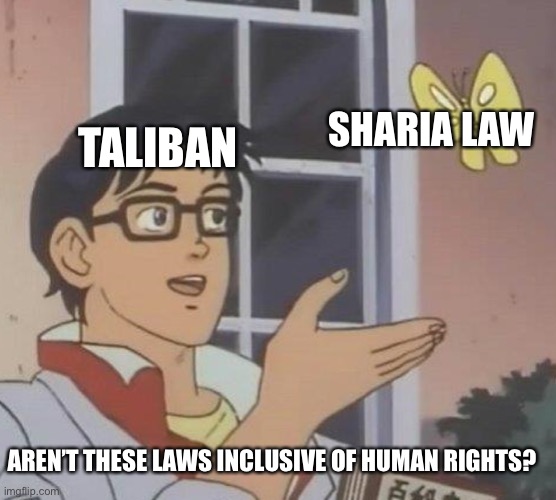 Sharia-based human rights | SHARIA LAW; TALIBAN; AREN’T THESE LAWS INCLUSIVE OF HUMAN RIGHTS? | image tagged in memes,is this a pigeon | made w/ Imgflip meme maker