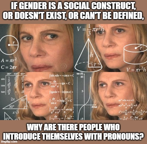Calculating meme | IF GENDER IS A SOCIAL CONSTRUCT, OR DOESN'T EXIST, OR CAN'T BE DEFINED, WHY ARE THERE PEOPLE WHO INTRODUCE THEMSELVES WITH PRONOUNS? | image tagged in calculating meme | made w/ Imgflip meme maker