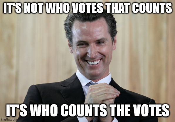 Scheming Gavin Newsom  | IT'S NOT WHO VOTES THAT COUNTS; IT'S WHO COUNTS THE VOTES | image tagged in scheming gavin newsom | made w/ Imgflip meme maker
