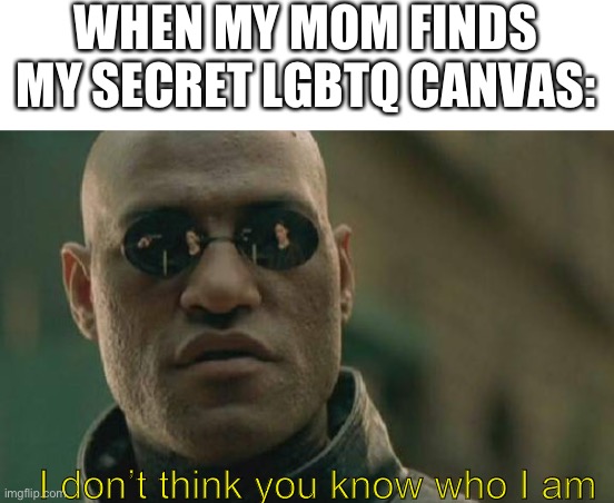 Matrix Morpheus | WHEN MY MOM FINDS MY SECRET LGBTQ CANVAS:; I don’t think you know who I am | image tagged in memes,matrix morpheus,lgbtq,awkward moment sealion,that moment when,mom | made w/ Imgflip meme maker