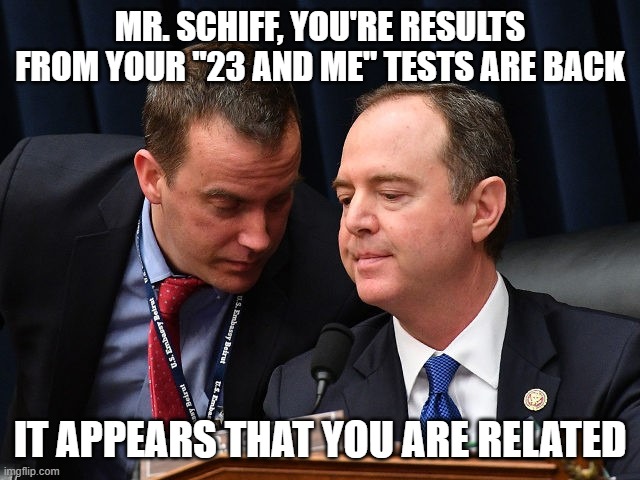 Adam Schiff and aide | MR. SCHIFF, YOU'RE RESULTS FROM YOUR "23 AND ME" TESTS ARE BACK IT APPEARS THAT YOU ARE RELATED | image tagged in adam schiff and aide | made w/ Imgflip meme maker