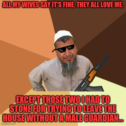 Successful arab guy | ALL MY WIVES SAY IT'S FINE. THEY ALL LOVE ME. EXCEPT THOSE TWO I HAD TO STONE FOR TRYING TO LEAVE THE HOUSE WITHOUT A MALE GUARDIAN... | image tagged in successful arab guy | made w/ Imgflip meme maker