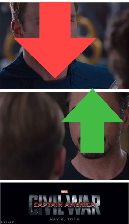 Up vote Vs Down vote | image tagged in memes,marvel civil war 1,upvote,downvote | made w/ Imgflip meme maker