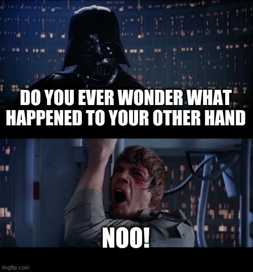 The mystery we all wonder | DO YOU EVER WONDER WHAT HAPPENED TO YOUR OTHER HAND; NOO! | image tagged in memes,star wars no | made w/ Imgflip meme maker