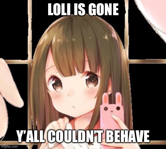 Get noobed | LOLI IS GONE; Y’ALL COULDN’T BEHAVE | image tagged in loli reupload and cropped | made w/ Imgflip meme maker