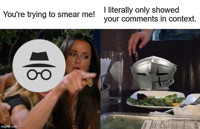Smear: damage the reputation of (someone) by false accusations; slander.  No false accusations were made towards IG | You're trying to smear me! I literally only showed your comments in context. | image tagged in memes,woman yelling at cat | made w/ Imgflip meme maker