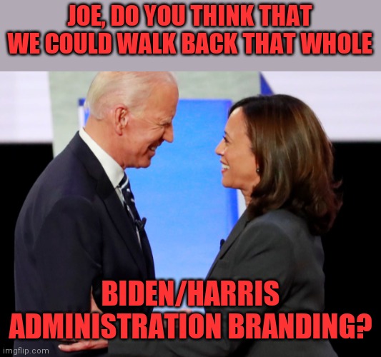 She doesn't want to be associated with anything he does. | JOE, DO YOU THINK THAT WE COULD WALK BACK THAT WHOLE; BIDEN/HARRIS ADMINISTRATION BRANDING? | image tagged in biden harris | made w/ Imgflip meme maker