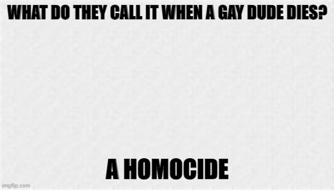 meme | WHAT DO THEY CALL IT WHEN A GAY DUDE DIES? A HOMOCIDE | image tagged in homo | made w/ Imgflip meme maker