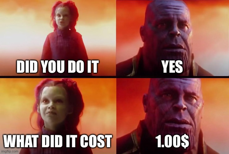 thanos what did it cost | DID YOU DO IT YES WHAT DID IT COST 1.00$ | image tagged in thanos what did it cost | made w/ Imgflip meme maker