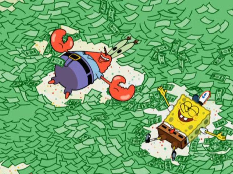 Spongebob and Mr.Krebs bathing in money Blank Meme Template