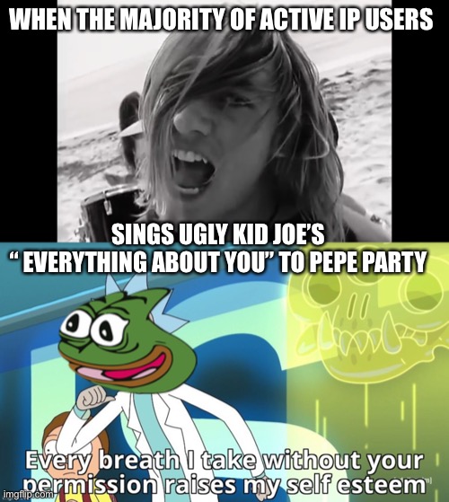 Vote Pepe party and join the fun | WHEN THE MAJORITY OF ACTIVE IP USERS; SINGS UGLY KID JOE’S
“ EVERYTHING ABOUT YOU” TO PEPE PARTY | image tagged in pepe party,great song | made w/ Imgflip meme maker