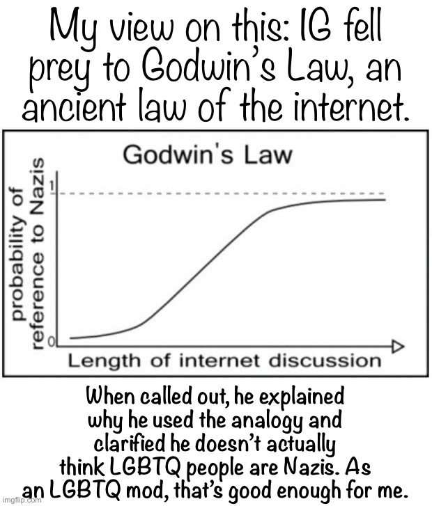 Yes, his choice of words was poor. But how many other “Godwin’s Law” moments would we find on this stream if we went looking? | My view on this: IG fell prey to Godwin’s Law, an ancient law of the internet. When called out, he explained why he used the analogy and clarified he doesn’t actually think LGBTQ people are Nazis. As an LGBTQ mod, that’s good enough for me. | image tagged in godwin s law chart,godwins law,laws of the internet,welcome to the internets,incognitoguy,lgbtq | made w/ Imgflip meme maker