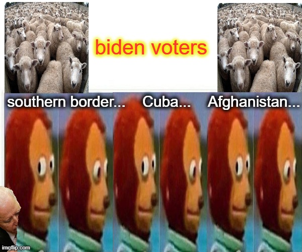 biden voters - Foreign Policy Edition | biden voters; southern border...    Cuba...    Afghanistan... | image tagged in monkey puppet,biden,afghanistan,liberal logic,incompetence,hillary for prison | made w/ Imgflip meme maker