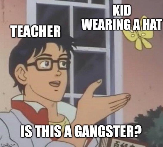 School memes | KID WEARING A HAT; TEACHER; IS THIS A GANGSTER? | image tagged in memes,is this a pigeon,school | made w/ Imgflip meme maker