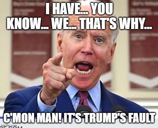 Joe Biden no malarkey | I HAVE... YOU KNOW... WE... THAT'S WHY... C'MON MAN! IT'S TRUMP'S FAULT | image tagged in joe biden no malarkey | made w/ Imgflip meme maker