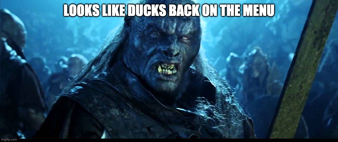 Looks like meat's back on the menu, boys! | LOOKS LIKE DUCKS BACK ON THE MENU | image tagged in looks like meat's back on the menu boys | made w/ Imgflip meme maker