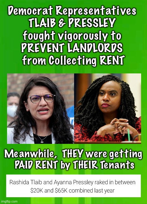 Rent Hypocrites?   Really? | Democrat Representatives 
TLAIB & PRESSLEY 
fought vigorously to 
PREVENT LANDLORDS 
from Collecting RENT; Meanwhile,  THEY were getting 
PAID RENT by THEIR Tenants | image tagged in democrats,politicians,rules for thee,not for me,power money control | made w/ Imgflip meme maker