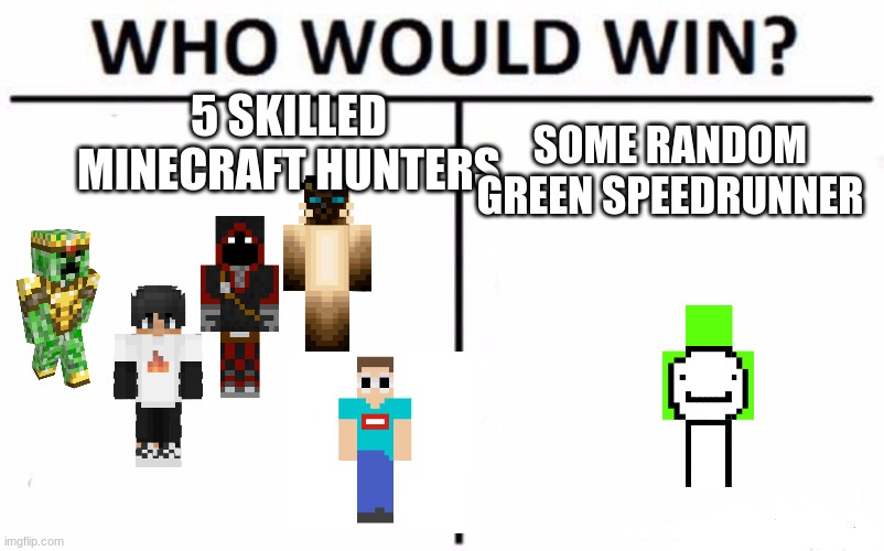 ngl I hate dream, and Tommyinnit | 5 SKILLED MINECRAFT HUNTERS; SOME RANDOM GREEN SPEEDRUNNER | image tagged in memes,who would win | made w/ Imgflip meme maker