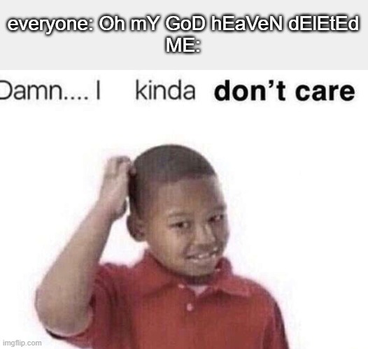 damn i kinda dont care | everyone: Oh mY GoD hEaVeN dElEtEd
ME: | image tagged in damn i kinda dont care | made w/ Imgflip meme maker