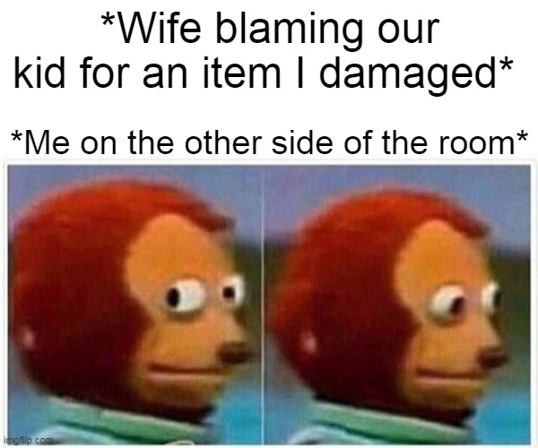 Scapegoat | *Wife blaming our kid for an item I damaged*; *Me on the other side of the room* | image tagged in memes,monkey puppet | made w/ Imgflip meme maker