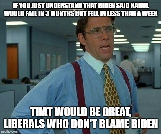 It was Bushes' fault for starting the war, but it's Biden's fault for ending the war horribly | IF YOU JUST UNDERSTAND THAT BIDEN SAID KABUL WOULD FALL IN 3 MONTHS BUT FELL IN LESS THAN A WEEK; THAT WOULD BE GREAT, LIBERALS WHO DON'T BLAME BIDEN | image tagged in memes,that would be great,afghanistan | made w/ Imgflip meme maker
