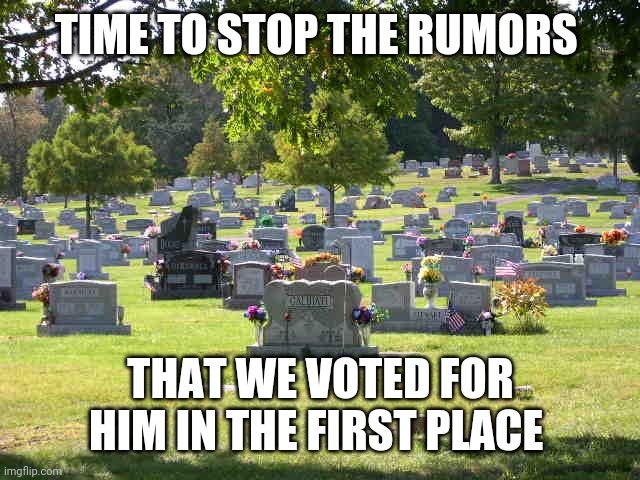 cemetery | TIME TO STOP THE RUMORS THAT WE VOTED FOR HIM IN THE FIRST PLACE | image tagged in cemetery | made w/ Imgflip meme maker