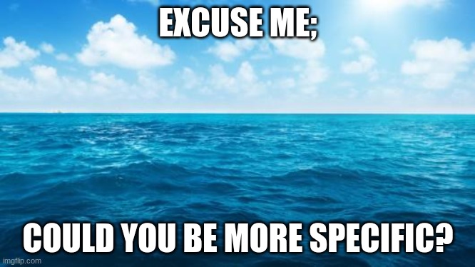 ocean | EXCUSE ME;; COULD YOU BE MORE SPECIFIC? | image tagged in ocean | made w/ Imgflip meme maker