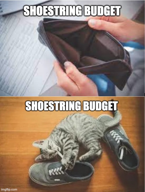 Shoestring Budget | image tagged in cat with string,cats,funny cat memes,funny cat,kittens,cat puns | made w/ Imgflip meme maker