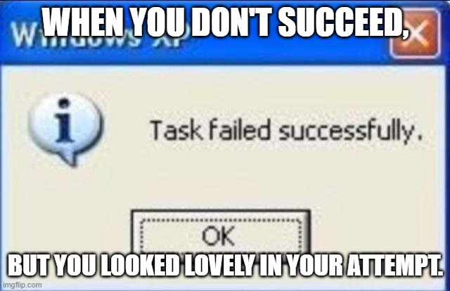 Task failed successfully | WHEN YOU DON'T SUCCEED, BUT YOU LOOKED LOVELY IN YOUR ATTEMPT. | image tagged in task failed successfully | made w/ Imgflip meme maker
