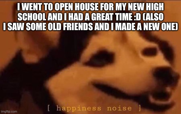 :3 | I WENT TO OPEN HOUSE FOR MY NEW HIGH SCHOOL AND I HAD A GREAT TIME :D (ALSO I SAW SOME OLD FRIENDS AND I MADE A NEW ONE) | image tagged in happiness noise | made w/ Imgflip meme maker