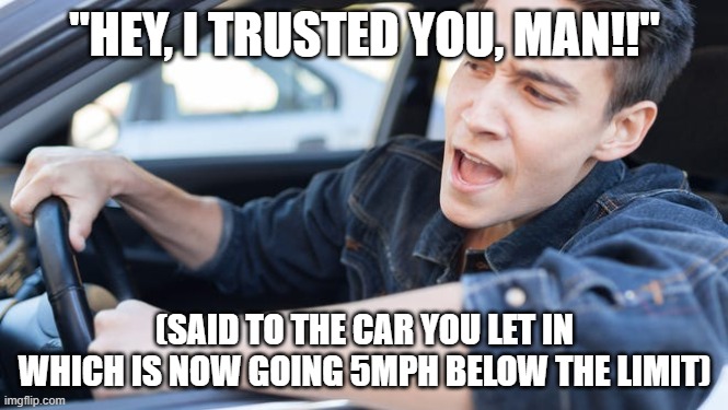 Hey | "HEY, I TRUSTED YOU, MAN!!"; (SAID TO THE CAR YOU LET IN WHICH IS NOW GOING 5MPH BELOW THE LIMIT) | image tagged in traffic | made w/ Imgflip meme maker