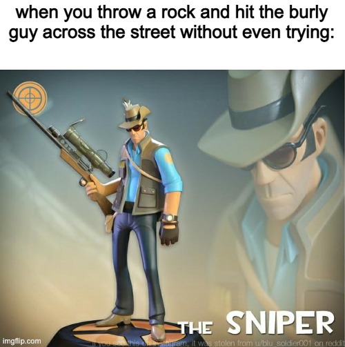 sniped | when you throw a rock and hit the burly guy across the street without even trying: | image tagged in meme,sniper,rocks,help | made w/ Imgflip meme maker