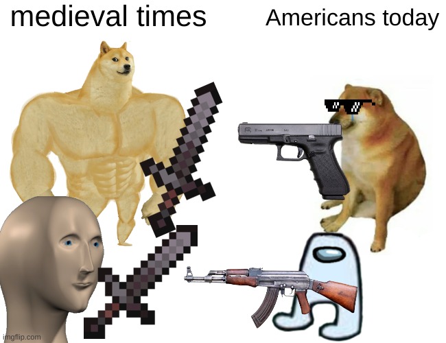 Medieval time vs Americans | medieval times; Americans today | image tagged in memes,buff doge vs cheems | made w/ Imgflip meme maker