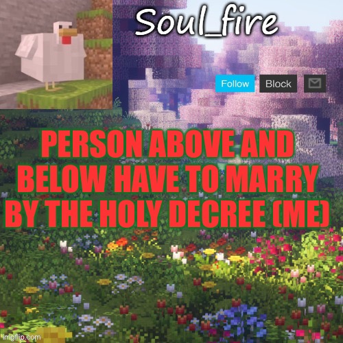 Soul_fires minecraft temp ty yachi | PERSON ABOVE AND BELOW HAVE TO MARRY BY THE HOLY DECREE (ME) | image tagged in soul_fires minecraft temp ty yachi | made w/ Imgflip meme maker