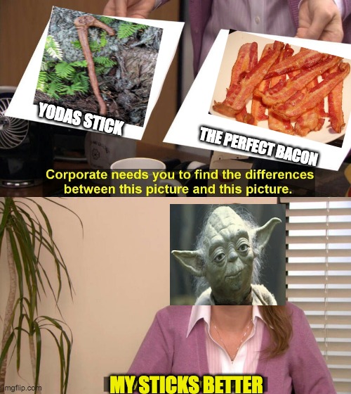 They're the same picture meme |  YODAS STICK; THE PERFECT BACON; MY STICKS BETTER | image tagged in they're the same picture meme | made w/ Imgflip meme maker