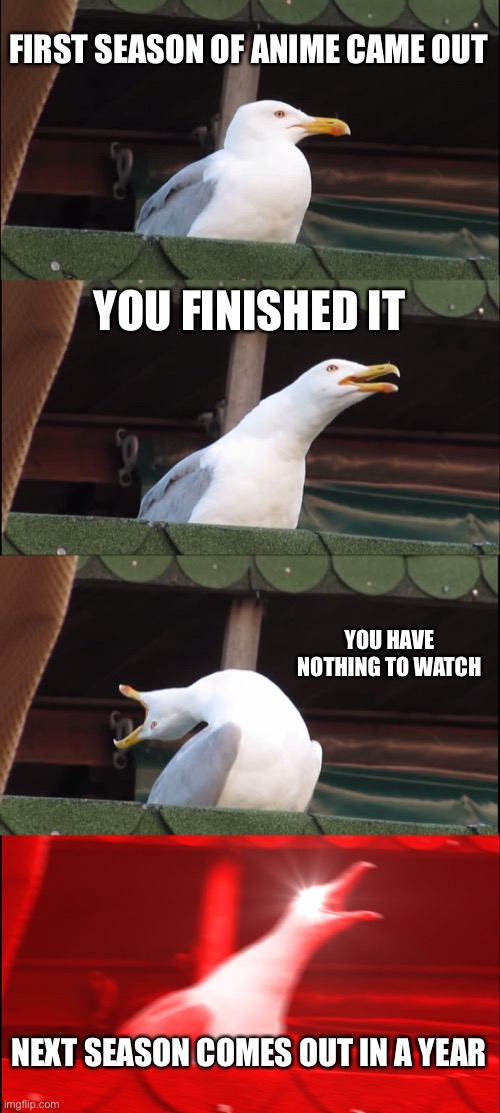 Inhaling Seagull | FIRST SEASON OF ANIME CAME OUT; YOU FINISHED IT; YOU HAVE NOTHING TO WATCH; NEXT SEASON COMES OUT IN A YEAR | image tagged in memes,inhaling seagull | made w/ Imgflip meme maker