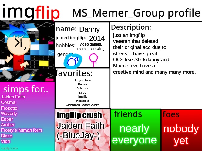 just an updated version of my MSMG profile | Danny; just an imgflip veteran that deleted their original acc due to stress. i have great OCs like Stickdanny and Mixmellow. have a creative mind and many many more. 2014; video games, memes, drawing; Angry Birds
Roblox
Splatoon
Kirby
Imgflip
nostalgia
Cinnamon Toast Crunch; Jaiden Faith
Cosma
Frozette
Waverly
Esper
Amber
Frosty's human form
Blaze
Vibri; imgflip crush; nobody yet; nearly everyone; Jaiden Faith
(-BlueJay-) | image tagged in msmg profile | made w/ Imgflip meme maker