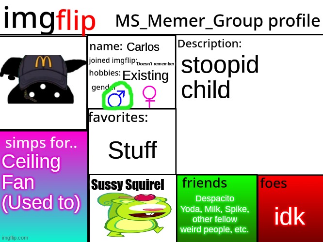 please kill me | Carlos; stoopid child; Doesn't remember; Existing; Stuff; Ceiling Fan
(Used to); Sussy Squirel; idk; Despacito Yoda, Milk, Spike, other fellow weird people, etc. | made w/ Imgflip meme maker