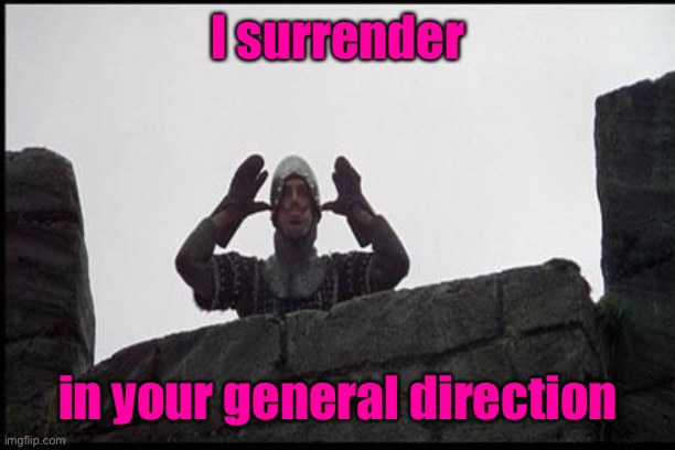 French Taunting in Monty Python's Holy Grail | I surrender in your general direction | image tagged in french taunting in monty python's holy grail | made w/ Imgflip meme maker