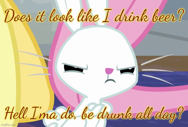 Angel's Glare Look (MLP) | Does it look like I drink beer? Hell I'ma do, be drunk all day? | image tagged in angel's glare look mlp | made w/ Imgflip meme maker