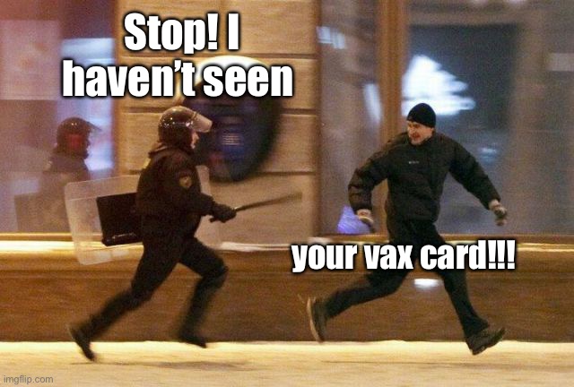 Police Chasing Guy | Stop! I haven’t seen your vax card!!! | image tagged in police chasing guy | made w/ Imgflip meme maker